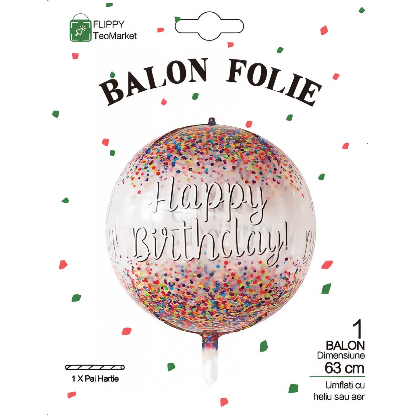 Balon din Folie Metalizata, ANGELBEAR, Figurina Rotunda 4D, Model Happy Birthday, Tema Aniversare, 24 x 63 cm, Ambalaj Individual, Pai inclus, Umflare cu Aer sau Heliu, Maro