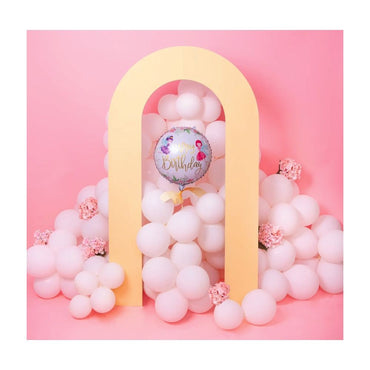 Balon din Folie Metalizata, ANGELBEAR, Figurina Cerc, Model Happy Birthday cu Zane, Tematica Aniversare, 45 cm, Ambalaj Individual, Pai Inclus, Umflare cu Aer sau Heliu, Multicolor