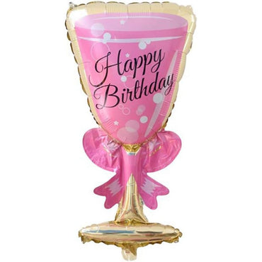 Balon din Folie Metalizata, ANGELBEAR, Figurina Pahar de Vin, Tema Aniversare, 93x48 cm, Ambalaj Individual, Pai Inclus, Umflare cu Aer sau Heliu, Roz