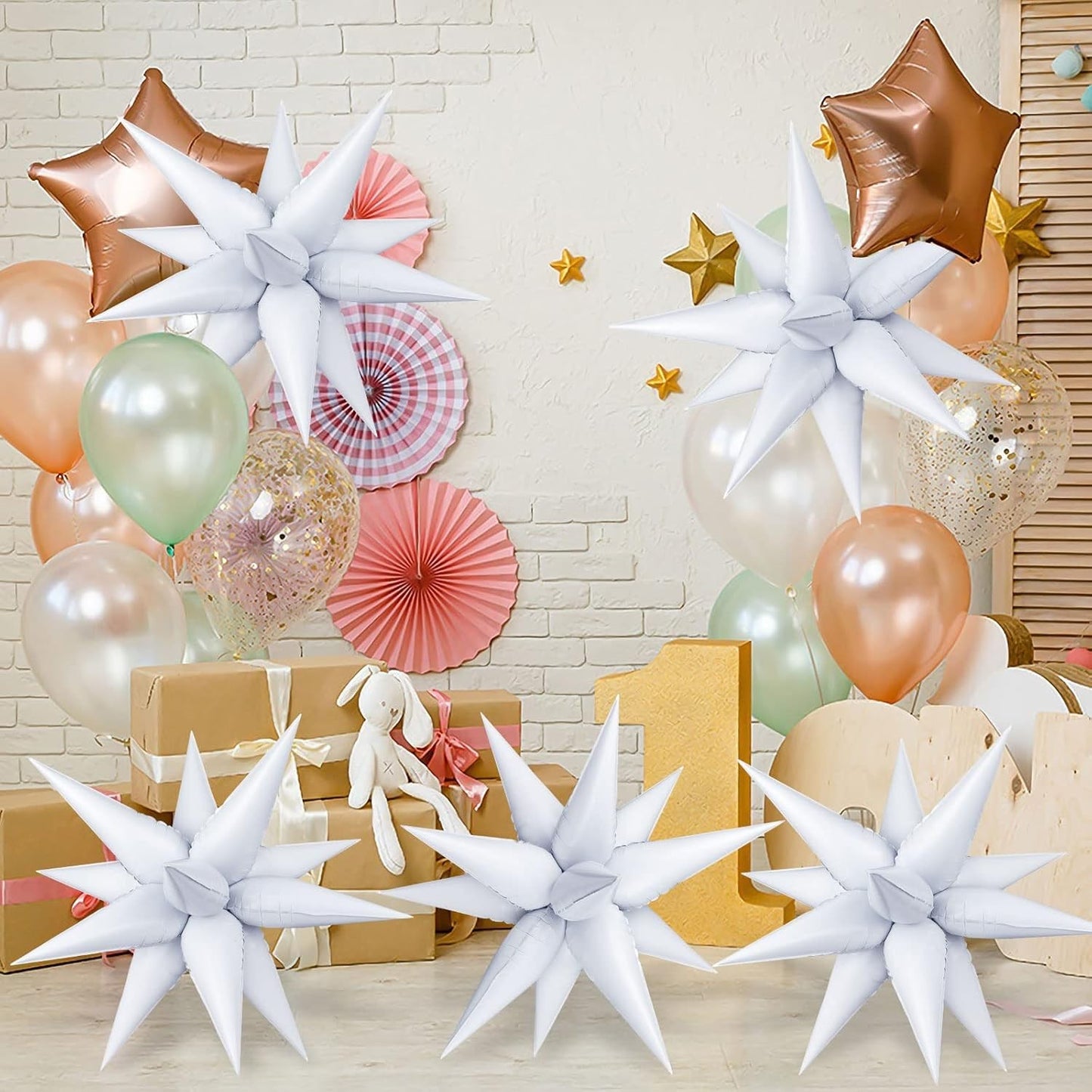 Balon din Folie Metalizata, ANGELBEAR, Figurina Stea 3D, 66 cm, Ambalaj Individual, Pai inclus, Umflare cu Aer sau Heliu, Alb