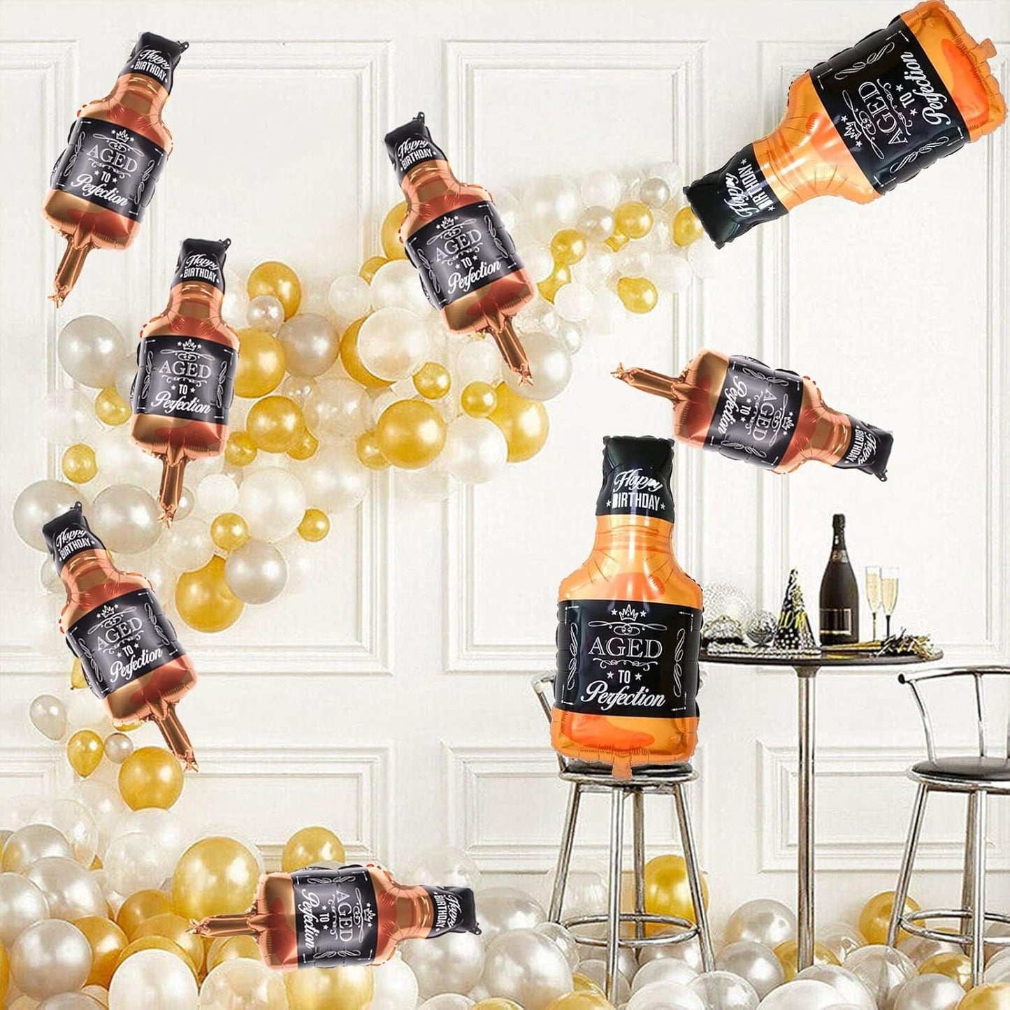 Balon din Folie Metalizata, ANGELBEAR, Figurina Sticla de Whisky, Tema Aniversare, 90x45 cm, Ambalaj Individual, Pai Inclus, Umflare cu Aer sau Heliu, Maro