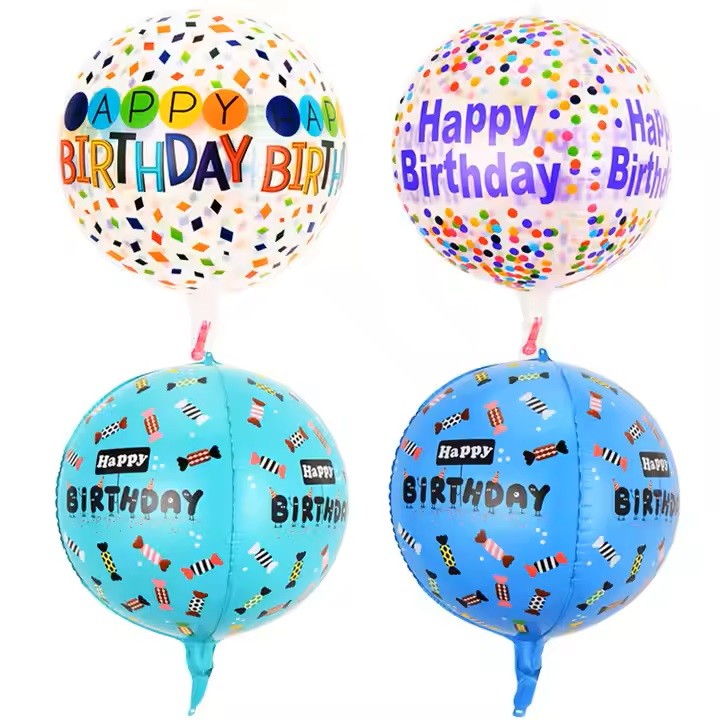 Balon din Folie Metalizata, ANGELBEAR, Figurine 4D, Model Happy Birthday, Tematica Aniversara Bombonele, 63x24 cm, Ambalaj Individual, Pai Inclus, Umflare cu Aer sau Heliu, Blue