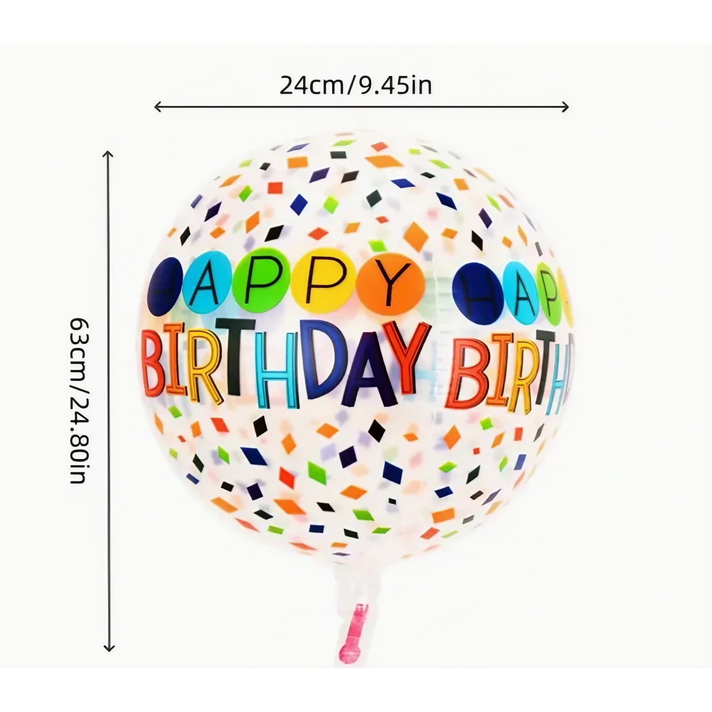Balon din Folie Metalizata, ANGELBEAR, Figurine 4D, Model Happy Birthday, Tematica Aniversara Bombonele, 63x24 cm, Ambalaj Individual, Pai Inclus, Umflare cu Aer sau Heliu, Alb-Multicolor