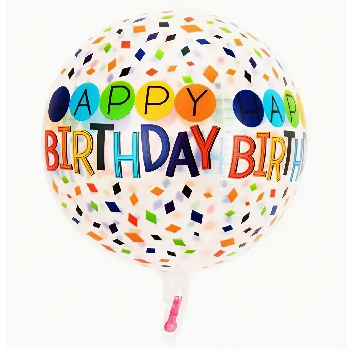 Balon din Folie Metalizata, ANGELBEAR, Figurine 4D, Model Happy Birthday, Tematica Aniversara Bombonele, 63x24 cm, Ambalaj Individual, Pai Inclus, Umflare cu Aer sau Heliu, Alb-Multicolor