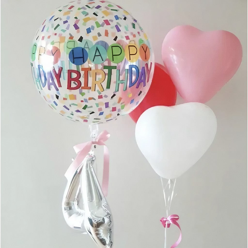 Balon din Folie Metalizata, ANGELBEAR, Figurine 4D, Model Happy Birthday, Tematica Aniversara Bombonele, 63x24 cm, Ambalaj Individual, Pai Inclus, Umflare cu Aer sau Heliu, Alb-Multicolor