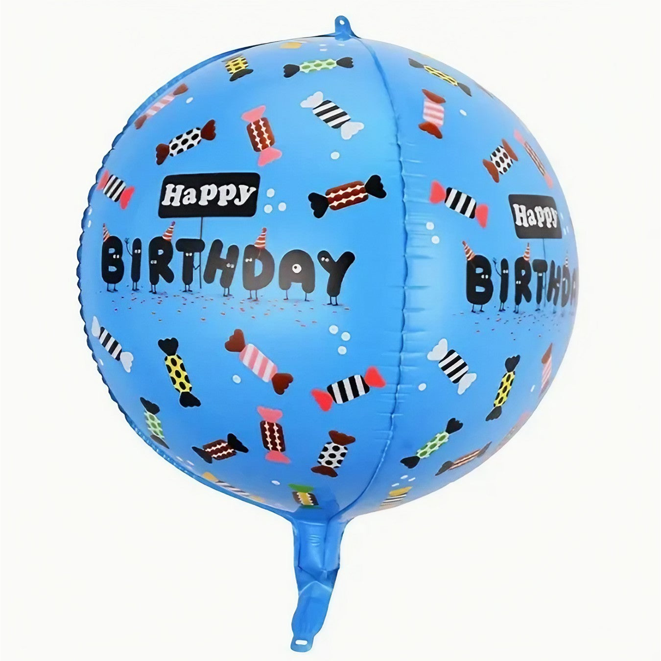 Balon din Folie Metalizata, ANGELBEAR, Figurine 4D, Model Happy Birthday, Tematica Aniversara Bombonele, 63x24 cm, Ambalaj Individual, Pai Inclus, Umflare cu Aer sau Heliu, Albastru