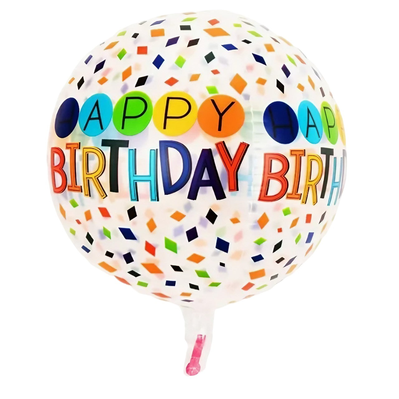 Balon din Folie Metalizata, ANGELBEAR, Figurine 4D, Model Happy Birthday, Tematica Aniversara Bombonele, 63x24 cm, Ambalaj Individual, Pai Inclus, Umflare cu Aer sau Heliu, Alb-Multicolor