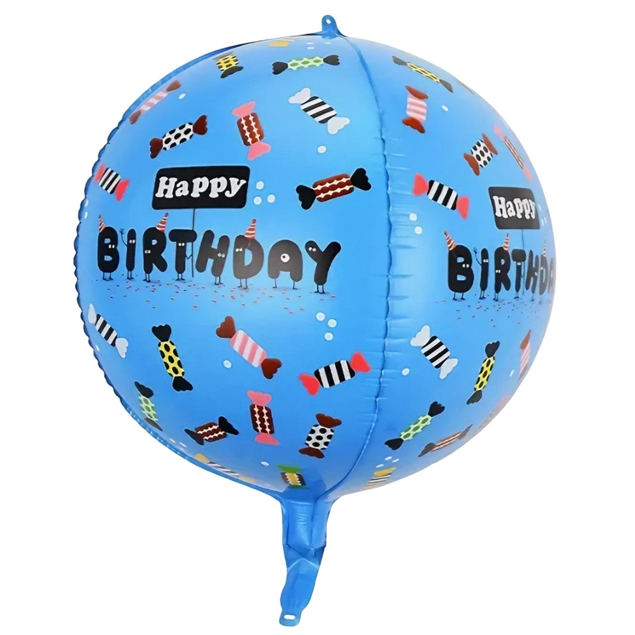 Balon din Folie Metalizata, ANGELBEAR, Figurine 4D, Model Happy Birthday, Tematica Aniversara Bombonele, 63x24 cm, Ambalaj Individual, Pai Inclus, Umflare cu Aer sau Heliu, Albastru