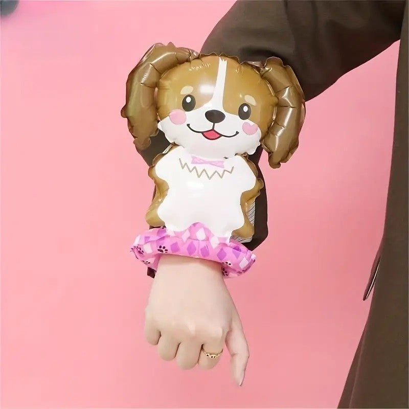 Balon din Folie Metalizata, ANGELBEAR, Figurine Animalute, Tip Bratara, Model Catel, 13 x 35 cm, Ambalaj Individual, Pai Inclus, Umflare cu Aer sau Heliu, Maro