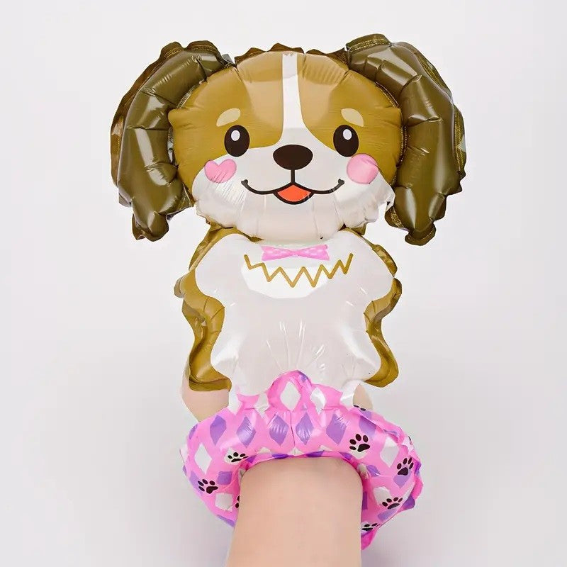 Balon din Folie Metalizata, ANGELBEAR, Figurine Animalute, Tip Bratara, Model Catel, 13 x 35 cm, Ambalaj Individual, Pai Inclus, Umflare cu Aer sau Heliu, Maro