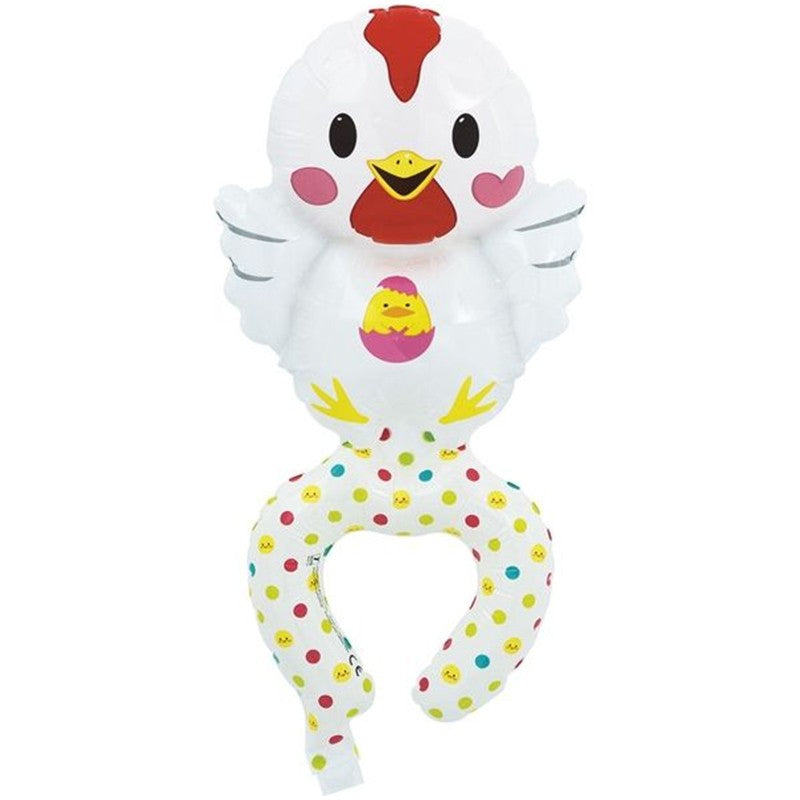 Balon din Folie Metalizata, ANGELBEAR, Figurine Animalute, Tip Bratara, Model Gaina, Ambalaj Individual, Pai Inclus, Umflare cu Aer sau Heliu, Alb