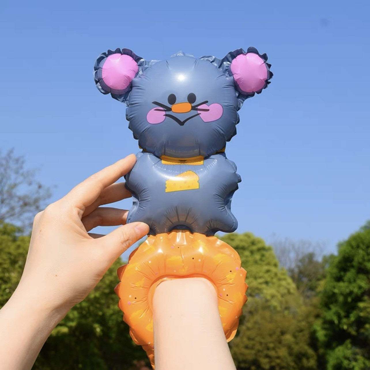 Balon din Folie Metalizata, ANGELBEAR, Figurine Animalute, Tip Bratara, Model Soricel, Ambalaj Individual, Pai Inclus, Umflare cu Aer sau Heliu, Gri