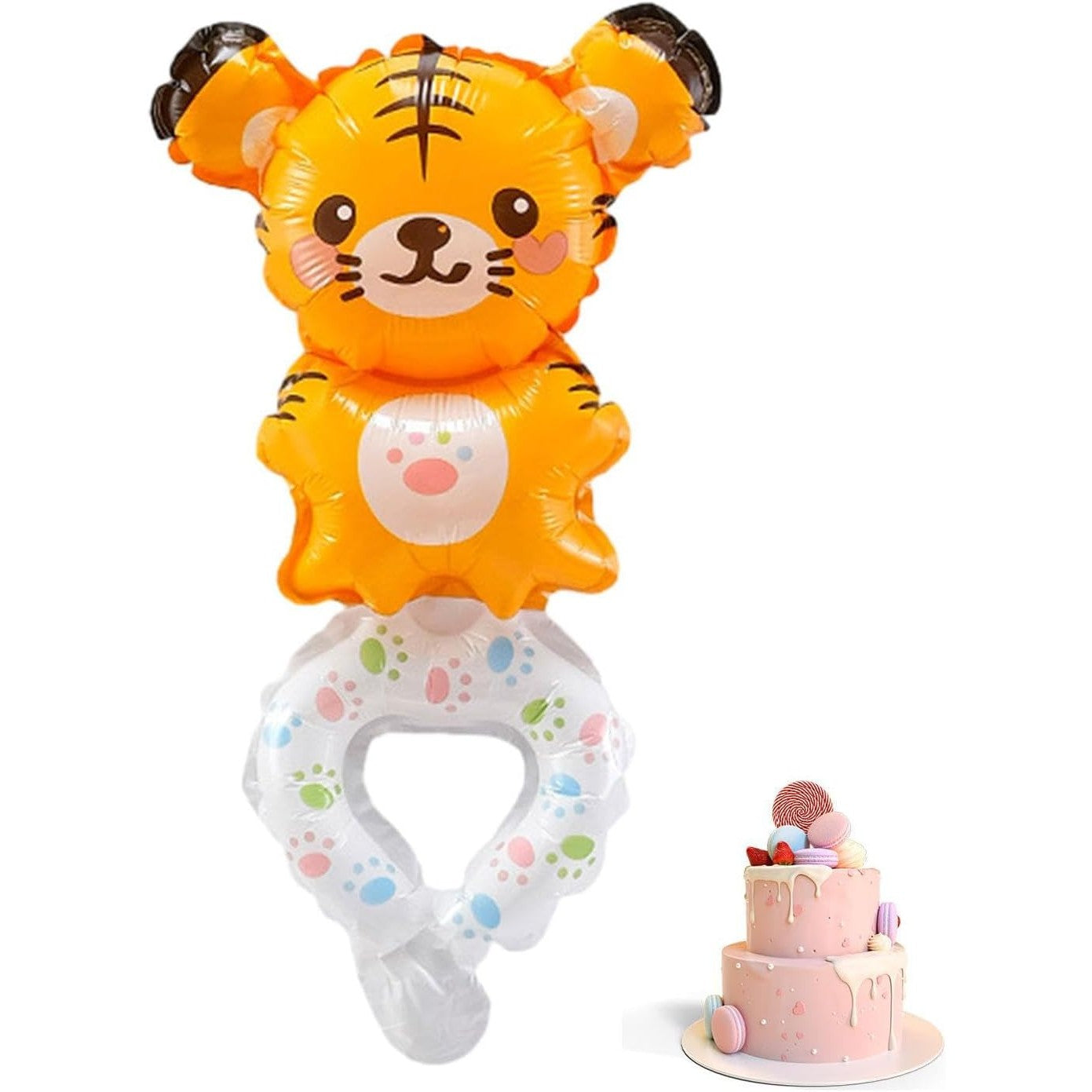 Balon din Folie Metalizata, ANGELBEAR, Figurine Animalute, Tip Bratara, Model Tigru, 17x34 cm, Ambalaj Individual, Pai Inclus, Umflare cu Aer sau Heliu, Maro