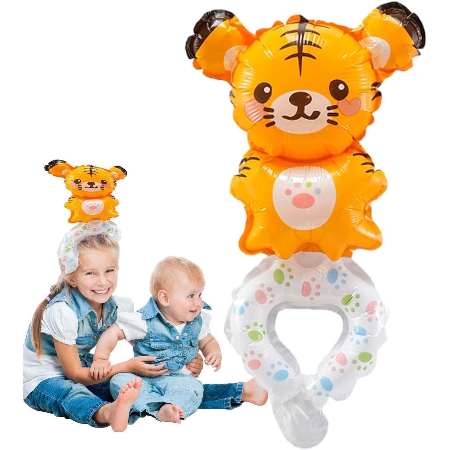 Balon din Folie Metalizata, ANGELBEAR, Figurine Animalute, Tip Bratara, Model Tigru, 17x34 cm, Ambalaj Individual, Pai Inclus, Umflare cu Aer sau Heliu, Maro