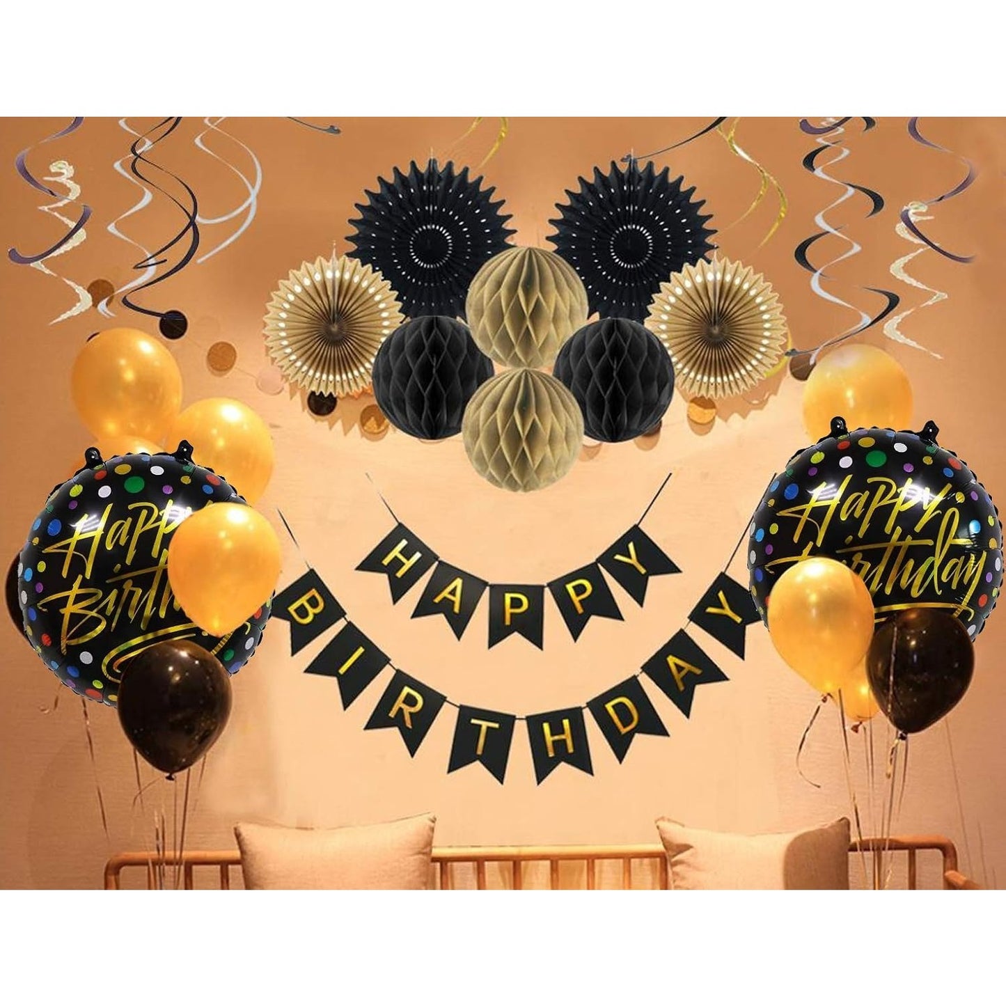 Balon din Folie Metalizata, ANGELBEAR, Figurine, Model 3, Happy Birthday, Tematica Aniversare, 45 cm, Ambalaj Individual, Pai Inclus, Umflare cu Aer sau Heliu, Multicolor