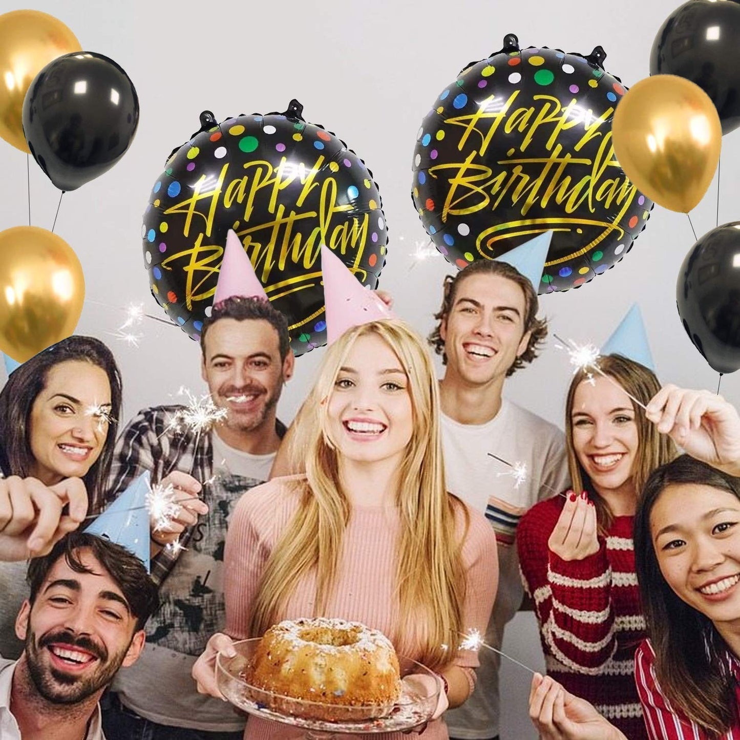 Balon din Folie Metalizata, ANGELBEAR, Figurine, Model 3, Happy Birthday, Tematica Aniversare, 45 cm, Ambalaj Individual, Pai Inclus, Umflare cu Aer sau Heliu, Multicolor