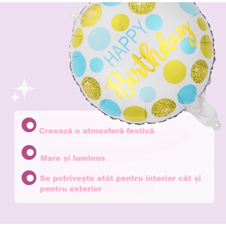 Balon din Folie Metalizata, ANGELBEAR, Figurine, Model 5, Happy Birthday, Tematica Aniversare, 45 cm, Ambalaj Individual, Pai Inclus, Umflare cu Aer sau Heliu, Multicolor
