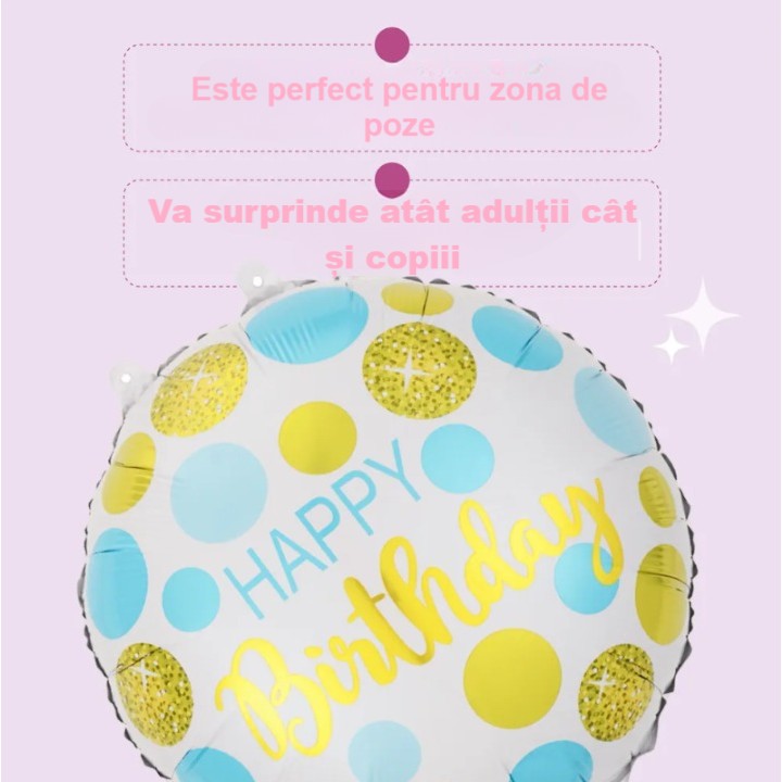 Balon din Folie Metalizata, ANGELBEAR, Figurine, Model 5, Happy Birthday, Tematica Aniversare, 45 cm, Ambalaj Individual, Pai Inclus, Umflare cu Aer sau Heliu, Multicolor