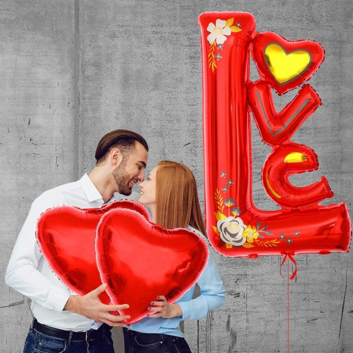 Balon din Folie Metalizata, ANGELBEAR, Figurine, Model LOVE, Tematica Iubire, 110x64 cm, Ambalaj Individual, Pai Inclus, Umflare cu Aer sau Heliu, Rosu