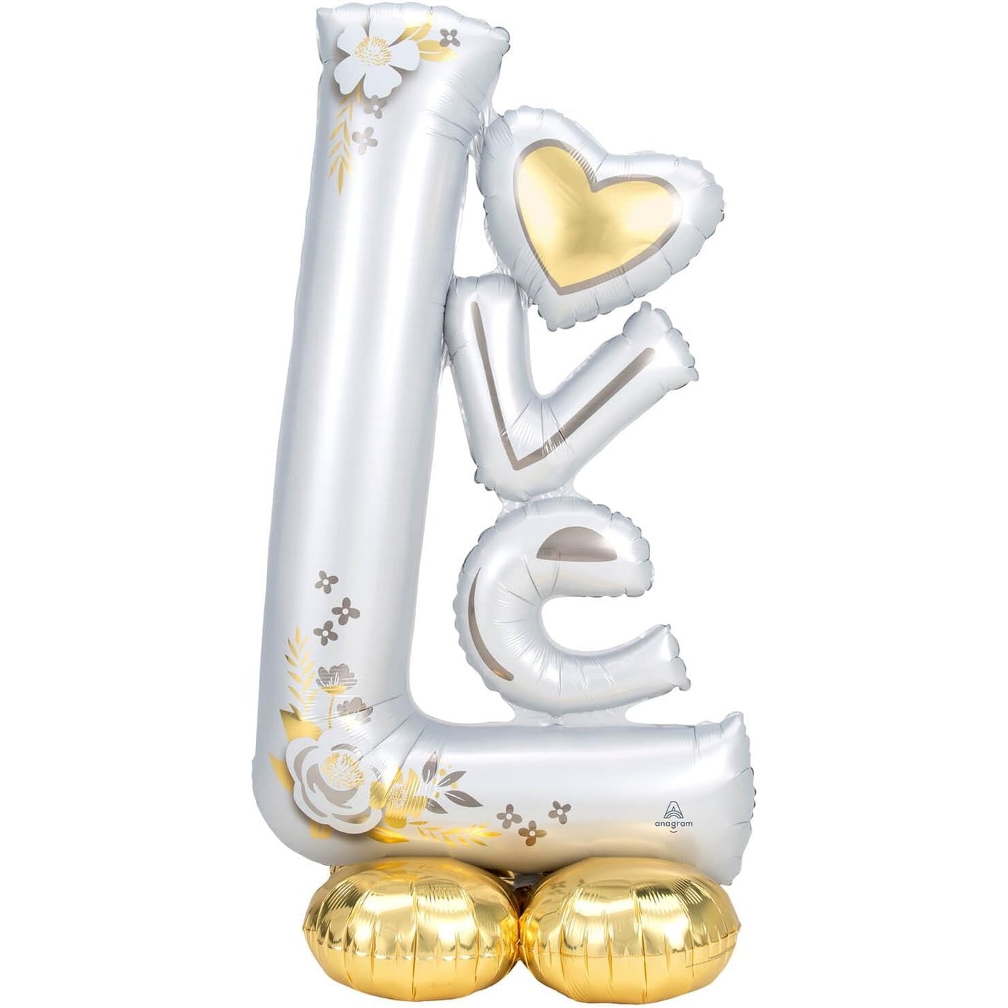 Balon din Folie Metalizata, ANGELBEAR, Figurine, Model LOVE, Tematica Iubire, 110x64 cm, Ambalaj Individual, Pai Inclus, Umflare cu Aer sau Heliu, Alb