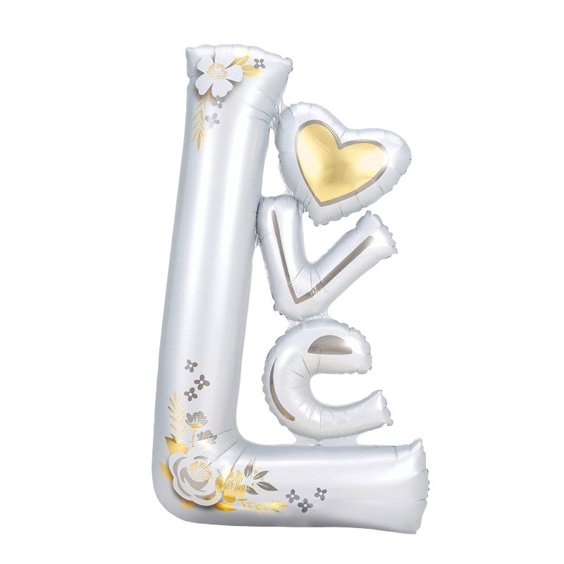 Balon din Folie Metalizata, ANGELBEAR, Figurine, Model LOVE, Tematica Iubire, 110x64 cm, Ambalaj Individual, Pai Inclus, Umflare cu Aer sau Heliu, Alb