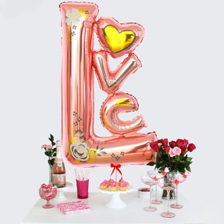 Balon din Folie Metalizata, ANGELBEAR, Figurine, Model LOVE, Tematica Iubire, 110x64 cm, Ambalaj Individual, Pai Inclus, Umflare cu Aer sau Heliu, Roz