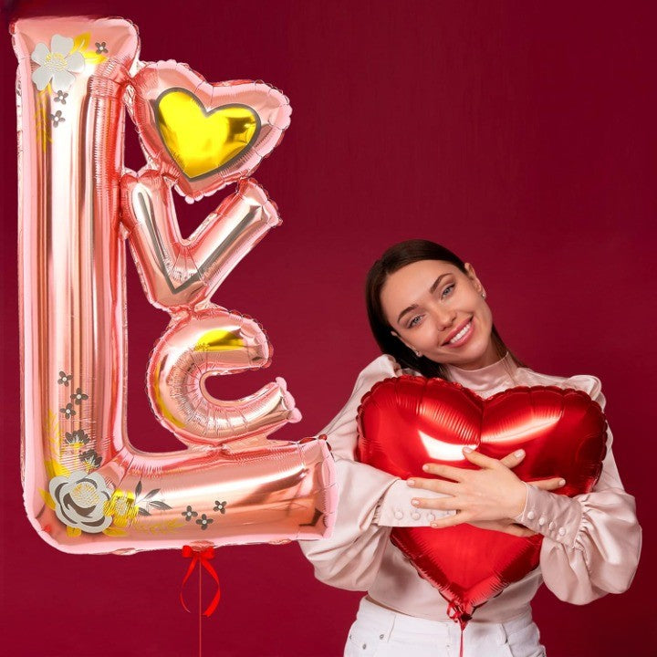 Balon din Folie Metalizata, ANGELBEAR, Figurine, Model LOVE, Tematica Iubire, 110x64 cm, Ambalaj Individual, Pai Inclus, Umflare cu Aer sau Heliu, Roz
