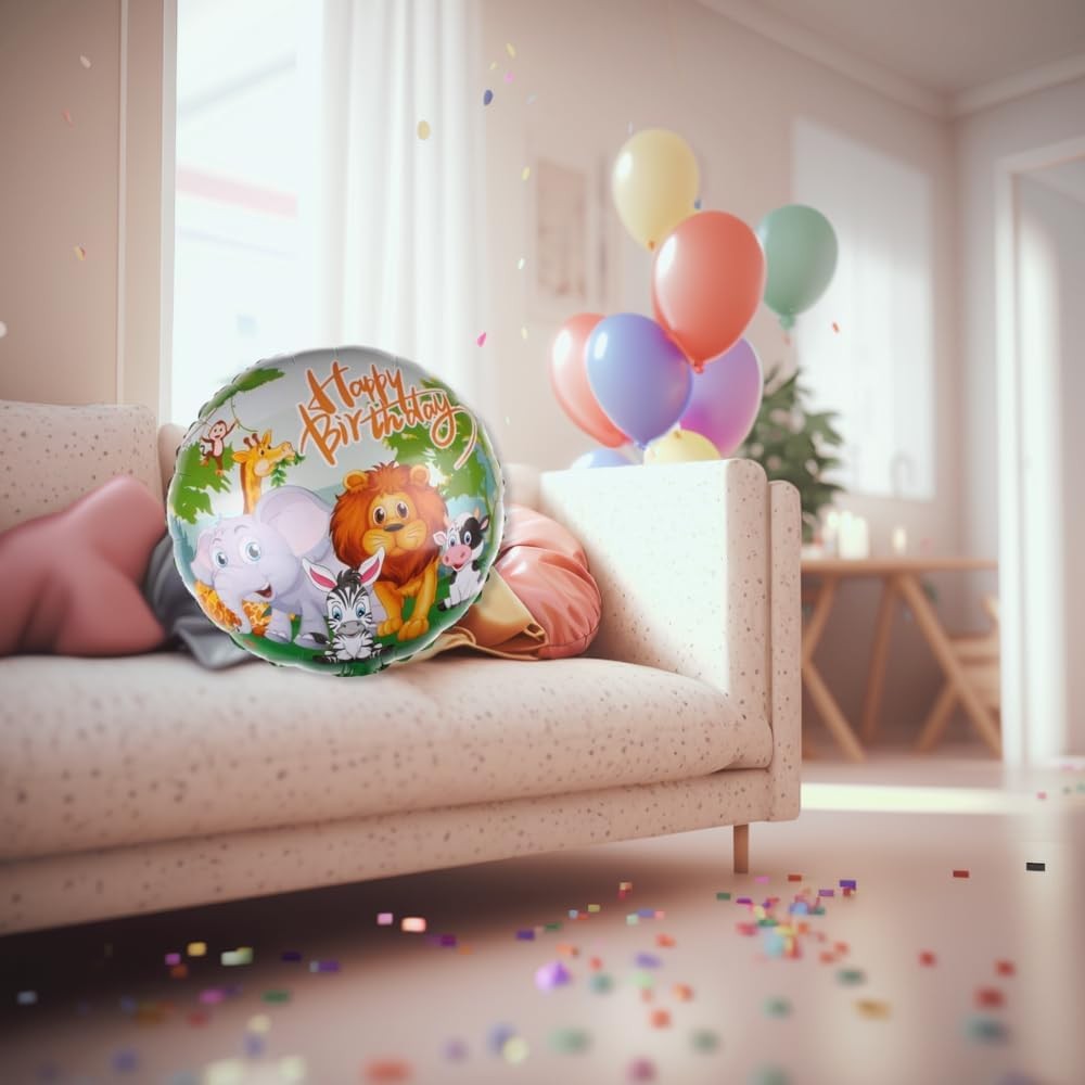 Balon din Folie Metalizata, ANGELBEAR, Mini Figurina Rotunda, Model Animalute, Happy Birthday, Tematica Aniversare, 45 cm, Ambalaj Individual, Pai Inclus, Umflare cu Aer sau Heliu, Multicolor