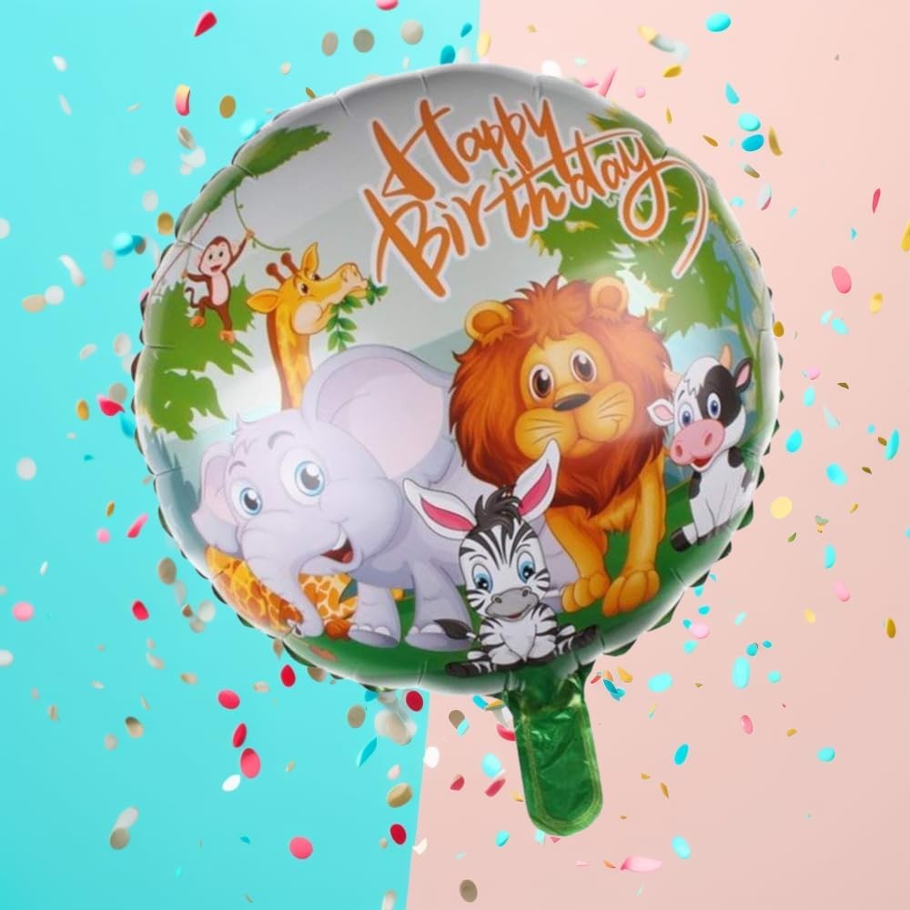 Balon din Folie Metalizata, ANGELBEAR, Mini Figurina Rotunda, Model Animalute, Happy Birthday, Tematica Aniversare, 45 cm, Ambalaj Individual, Pai Inclus, Umflare cu Aer sau Heliu, Multicolor