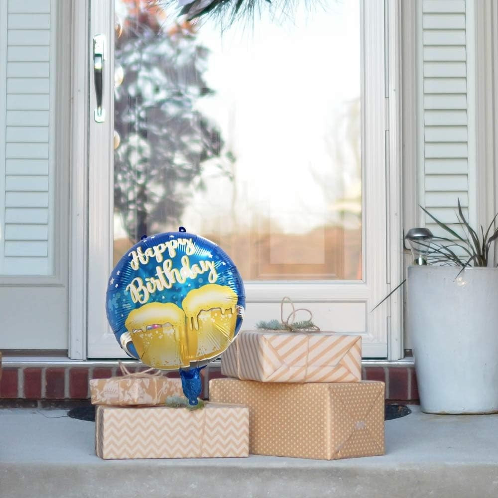 Balon din Folie Metalizata, ANGELBEAR, Mini Figurina Rotunda, Model Halbe de Bere, Happy Birthday, Tematica Aniversare, 45 cm, Ambalaj Individual, Pai Inclus, Umflare cu Aer sau Heliu, Albastru