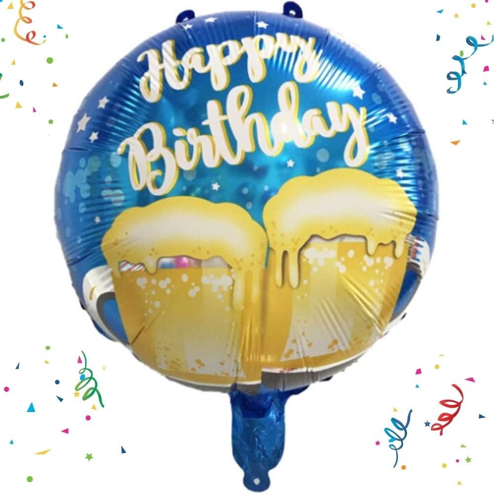 Balon din Folie Metalizata, ANGELBEAR, Mini Figurina Rotunda, Model Halbe de Bere, Happy Birthday, Tematica Aniversare, 45 cm, Ambalaj Individual, Pai Inclus, Umflare cu Aer sau Heliu, Albastru