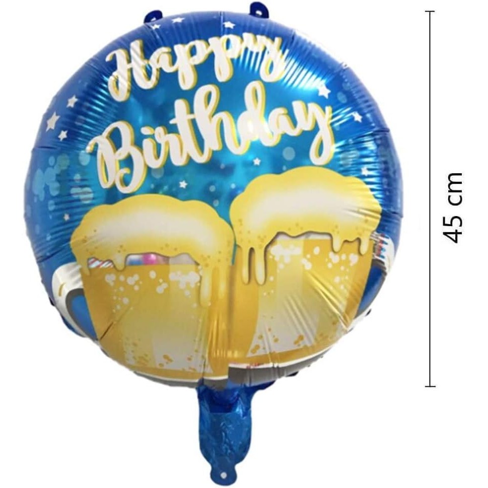 Balon din Folie Metalizata, ANGELBEAR, Mini Figurina Rotunda, Model Halbe de Bere, Happy Birthday, Tematica Aniversare, 45 cm, Ambalaj Individual, Pai Inclus, Umflare cu Aer sau Heliu, Albastru