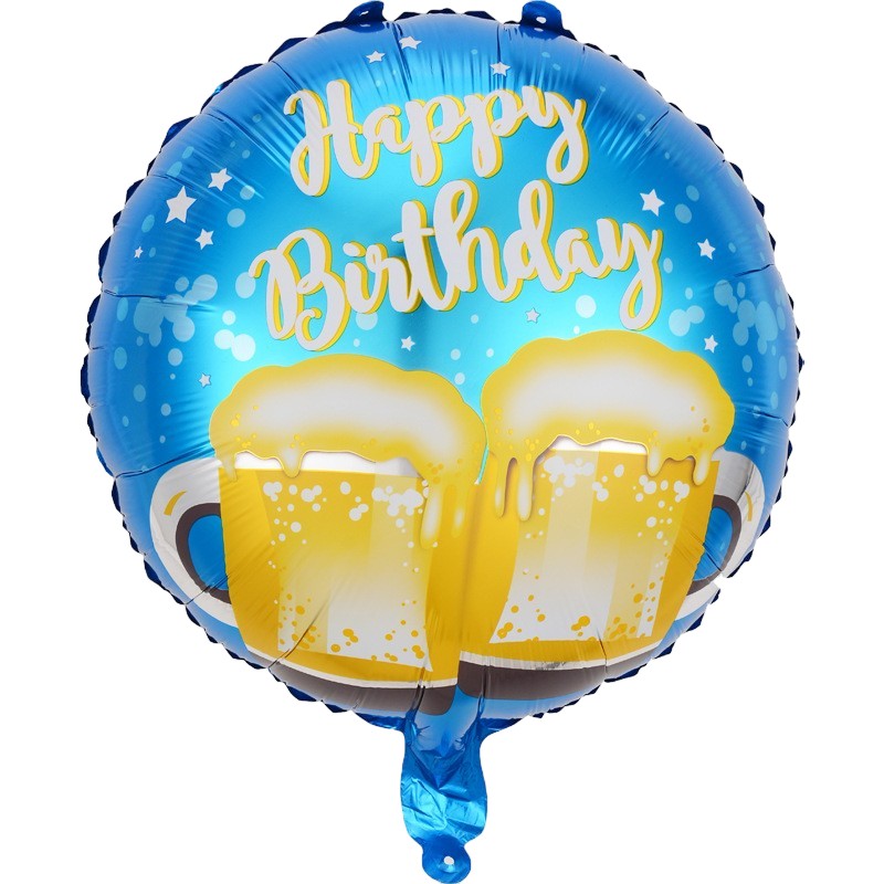 Balon din Folie Metalizata, ANGELBEAR, Mini Figurina Rotunda, Model Halbe de Bere, Happy Birthday, Tematica Aniversare, 45 cm, Ambalaj Individual, Pai Inclus, Umflare cu Aer sau Heliu, Albastru