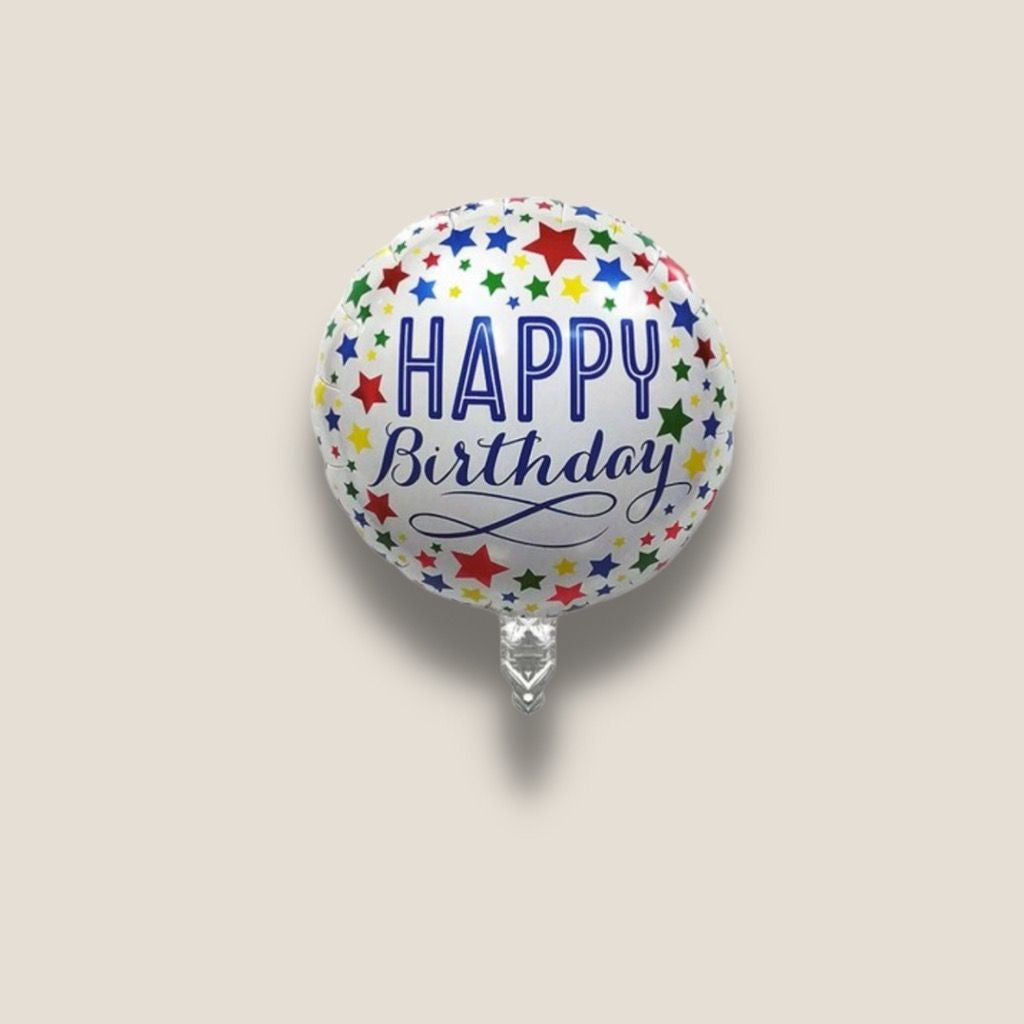 Balon din Folie Metalizata, ANGELBEAR, Mini Figurina Rotunda, Model Happy Birthday, Tema Aniversare, 45 cm, Ambalaj Individual, Pai inclus, Umflare cu Aer sau Heliu, Multicolor
