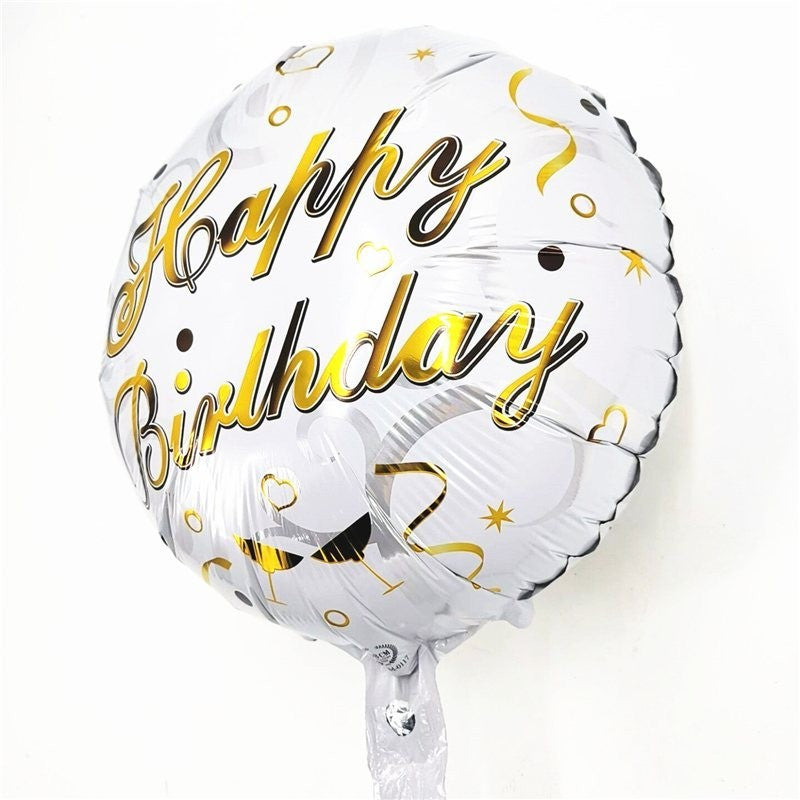 Balon din Folie Metalizata, ANGELBEAR, Mini Figurina Rotunda, Model Happy Birthday, Tema Aniversare, 45 cm, Ambalaj Individual, Pai inclus, Umflare cu Aer sau Heliu, Argintiu