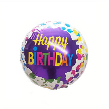 Set 3 Baloane din Folie Metalizata, ANGELBEAR, Mini Figurina Rotunda, Model Happy Birthday, 45 cm, Ambalaj Individual, Pai inclus, Umflare cu Aer sau cu Heliu, Multicolor