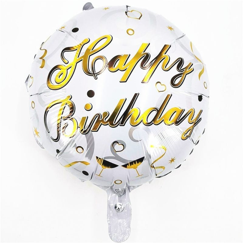 Balon din Folie Metalizata, ANGELBEAR, Mini Figurina Rotunda, Model Happy Birthday, Tema Aniversare, 45 cm, Ambalaj Individual, Pai inclus, Umflare cu Aer sau Heliu, Argintiu