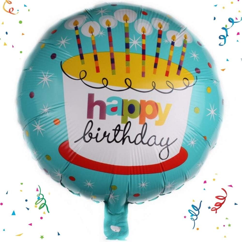 Balon din Folie Metalizata, ANGELBEAR, Mini Figurina Rotunda, Model Happy Birthday Tort, Tema Aniversare, 45 cm, Ambalaj Individual, Pai inclus, Umflare cu Aer sau Heliu, Albastru