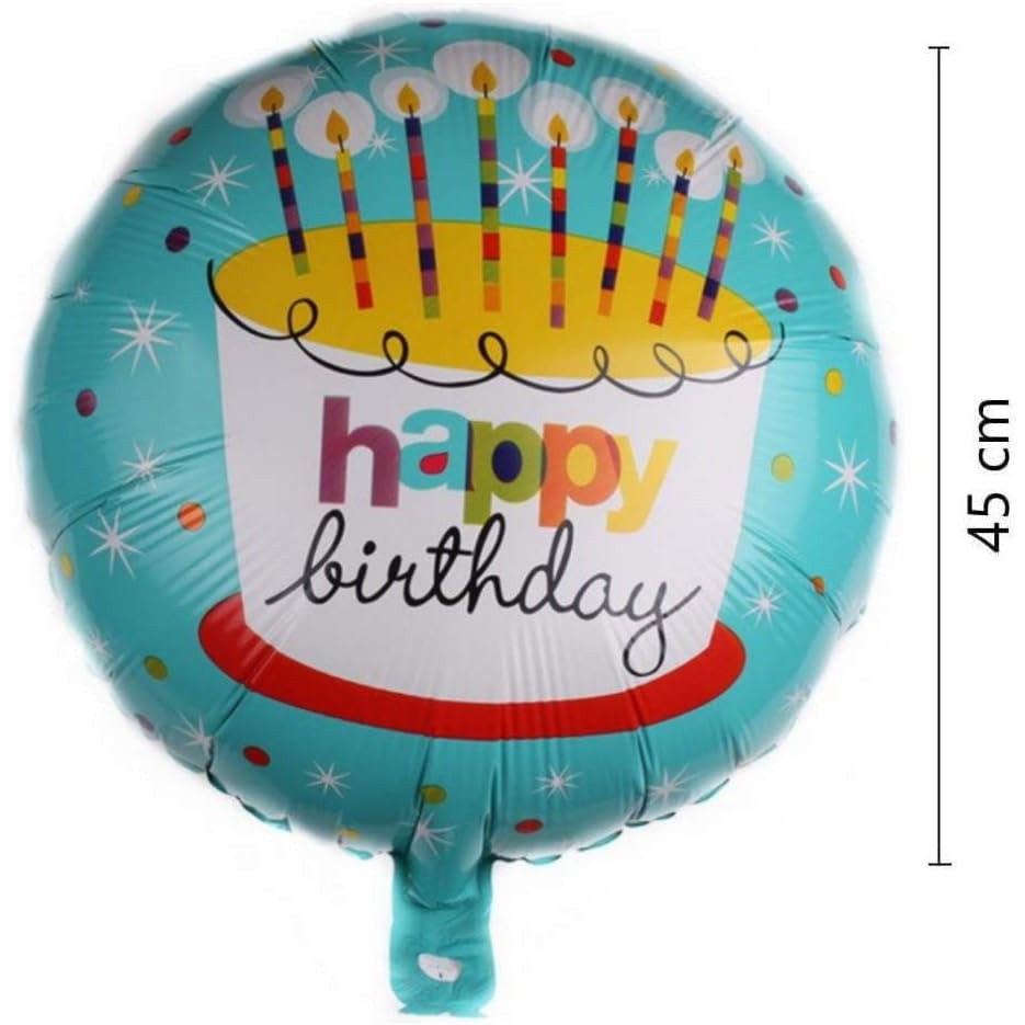 Balon din Folie Metalizata, ANGELBEAR, Mini Figurina Rotunda, Model Happy Birthday Tort, Tema Aniversare, 45 cm, Ambalaj Individual, Pai inclus, Umflare cu Aer sau Heliu, Albastru