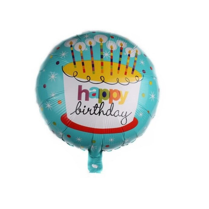 Balon din Folie Metalizata, ANGELBEAR, Mini Figurina Rotunda, Model Happy Birthday Tort, Tema Aniversare, 45 cm, Ambalaj Individual, Pai inclus, Umflare cu Aer sau Heliu, Albastru