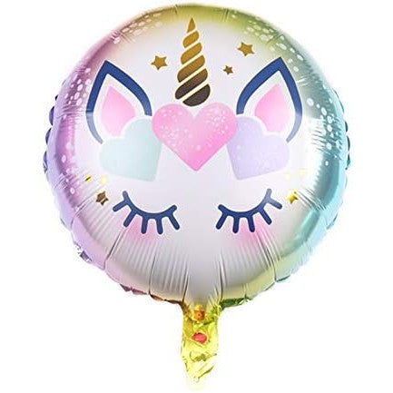 Balon din Folie Metalizata, ANGELBEAR, Mini Figurina Rotunda, Model Unicorn, Happy Birthday, Tematica Aniversare, 45 cm, Ambalaj Individual, Pai Inclus, Umflare cu Aer sau Heliu, Multicolor