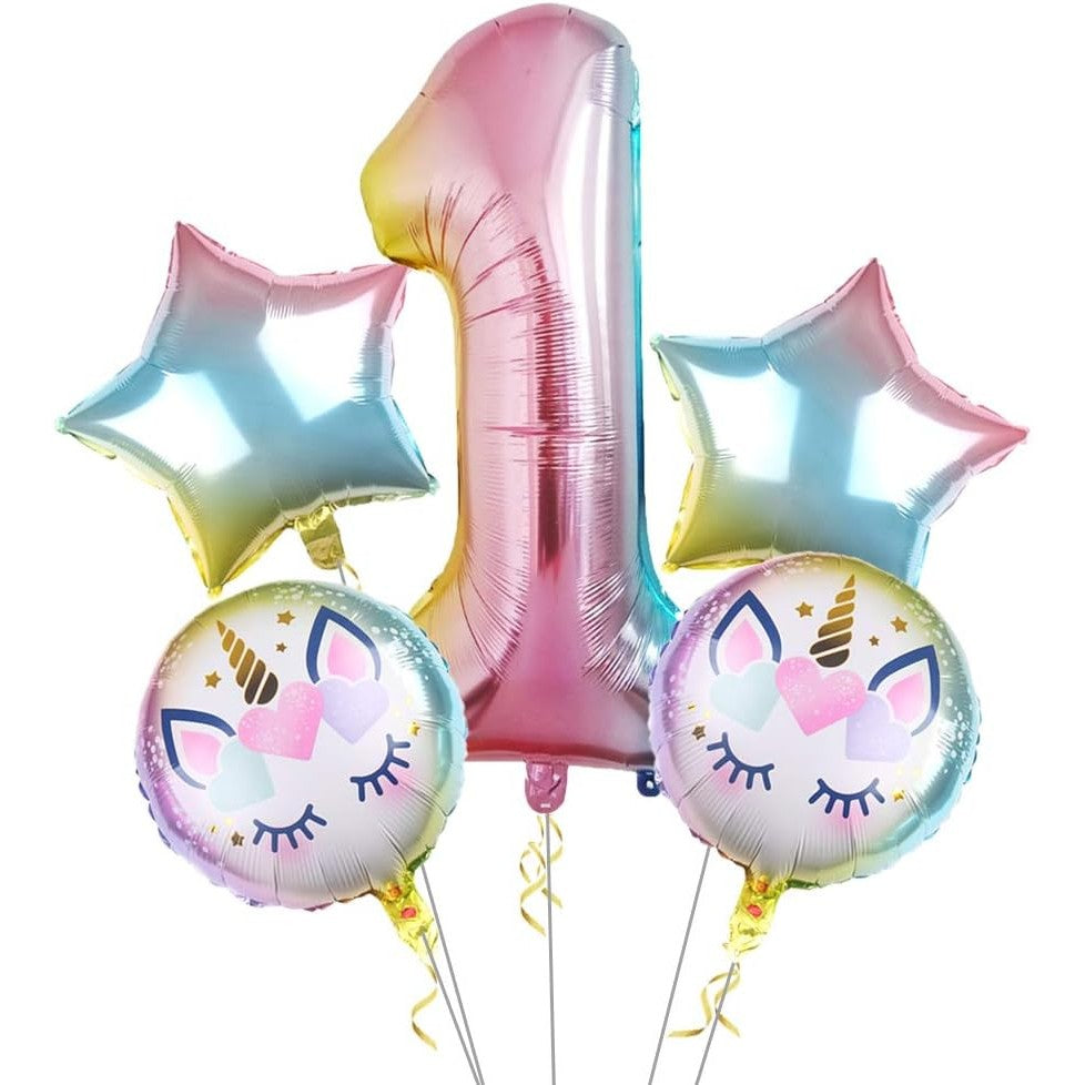 Balon din Folie Metalizata, ANGELBEAR, Mini Figurina Rotunda, Model Unicorn, Happy Birthday, Tematica Aniversare, 45 cm, Ambalaj Individual, Pai Inclus, Umflare cu Aer sau Heliu, Multicolor