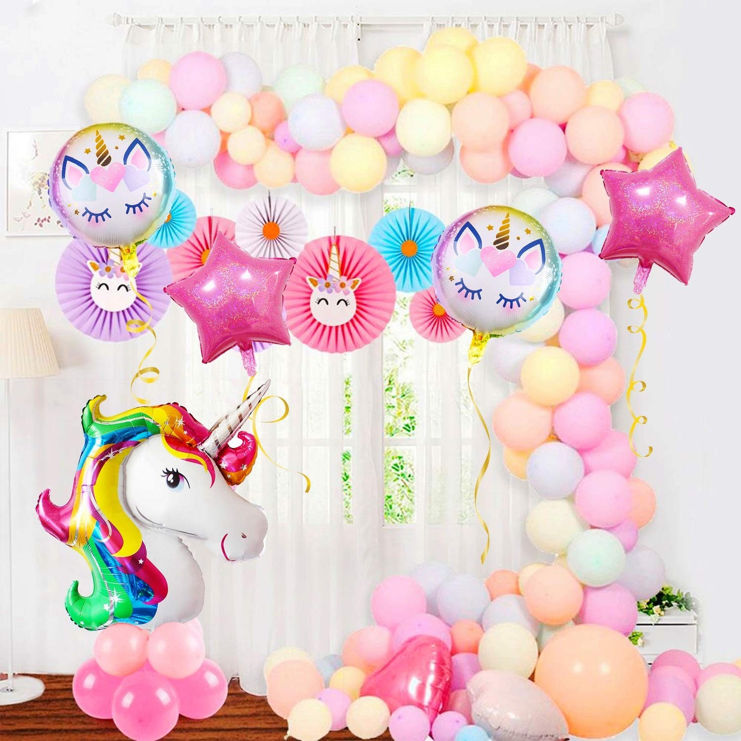 Balon din Folie Metalizata, ANGELBEAR, Mini Figurina Rotunda, Model Unicorn, Happy Birthday, Tematica Aniversare, 45 cm, Ambalaj Individual, Pai Inclus, Umflare cu Aer sau Heliu, Multicolor