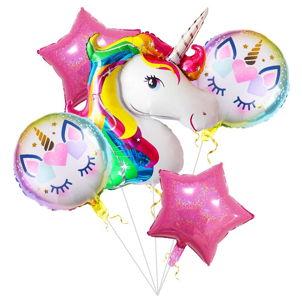 Balon din Folie Metalizata, ANGELBEAR, Mini Figurina Rotunda, Model Unicorn, Happy Birthday, Tematica Aniversare, 45 cm, Ambalaj Individual, Pai Inclus, Umflare cu Aer sau Heliu, Multicolor