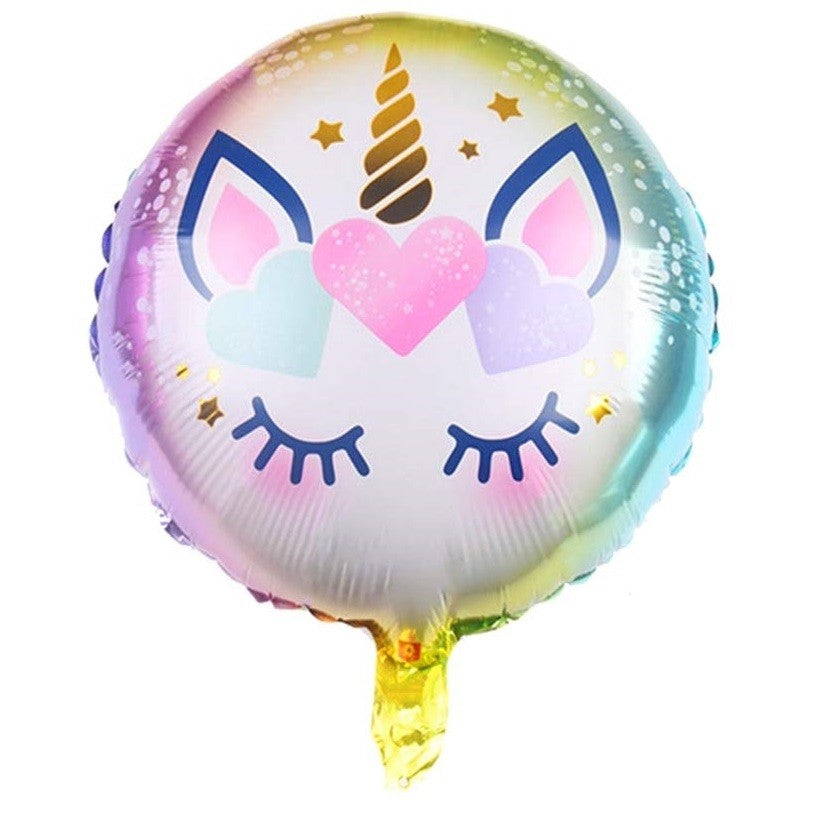 Balon din Folie Metalizata, ANGELBEAR, Mini Figurina Rotunda, Model Unicorn, Happy Birthday, Tematica Aniversare, 45 cm, Ambalaj Individual, Pai Inclus, Umflare cu Aer sau Heliu, Multicolor