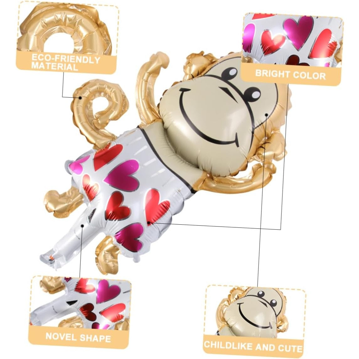Balon din Folie Metalizata, ANGELBEAR, Mini Figurine Animalute, Model Maimutica, Tematica Aniversare, 45x28 cm, Ambalaj Individual, Pai Inclus, Umflare cu Aer sau Heliu, Multicolor