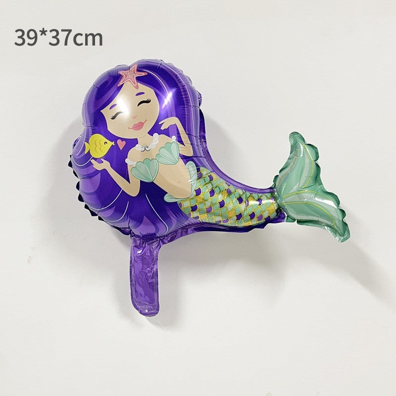 Balon din Folie Metalizata, ANGELBEAR, Mini Figurine, Model Sirena cu Par Mov, Tematica Aniversare, 39x37 cm, Ambalaj Individual, Pai Inclus, Umflare cu Aer sau Heliu, Multicolor