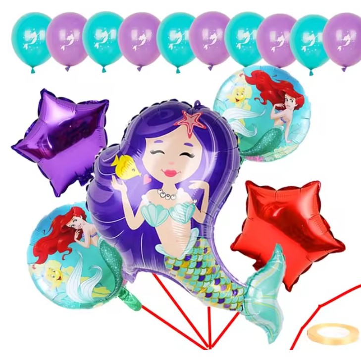 Balon din Folie Metalizata, ANGELBEAR, Mini Figurine, Model Sirena cu Par Mov, Tematica Aniversare, 39x37 cm, Ambalaj Individual, Pai Inclus, Umflare cu Aer sau Heliu, Multicolor