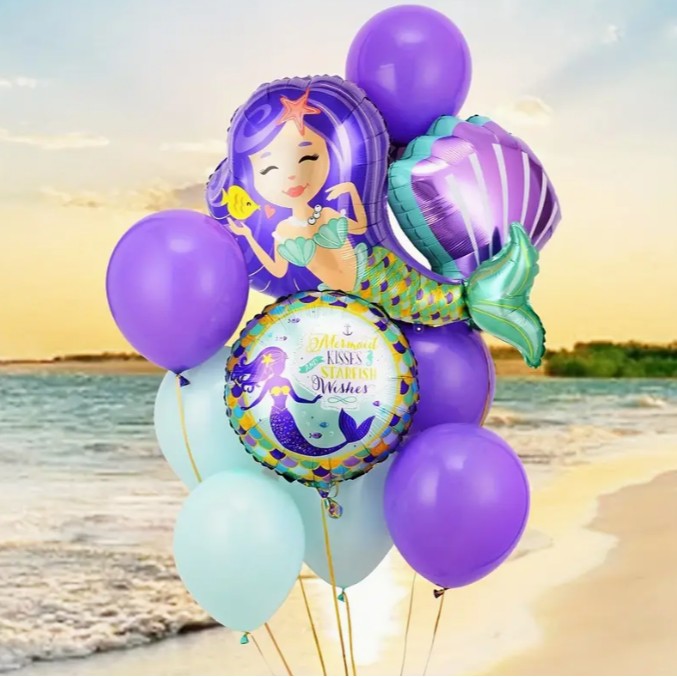 Balon din Folie Metalizata, ANGELBEAR, Mini Figurine, Model Sirena cu Par Mov, Tematica Aniversare, 39x37 cm, Ambalaj Individual, Pai Inclus, Umflare cu Aer sau Heliu, Multicolor