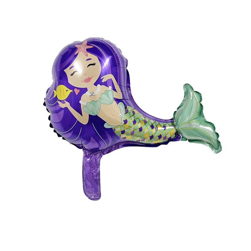 Balon din Folie Metalizata, ANGELBEAR, Mini Figurine, Model Sirena cu Par Mov, Tematica Aniversare, 39x37 cm, Ambalaj Individual, Pai Inclus, Umflare cu Aer sau Heliu, Multicolor